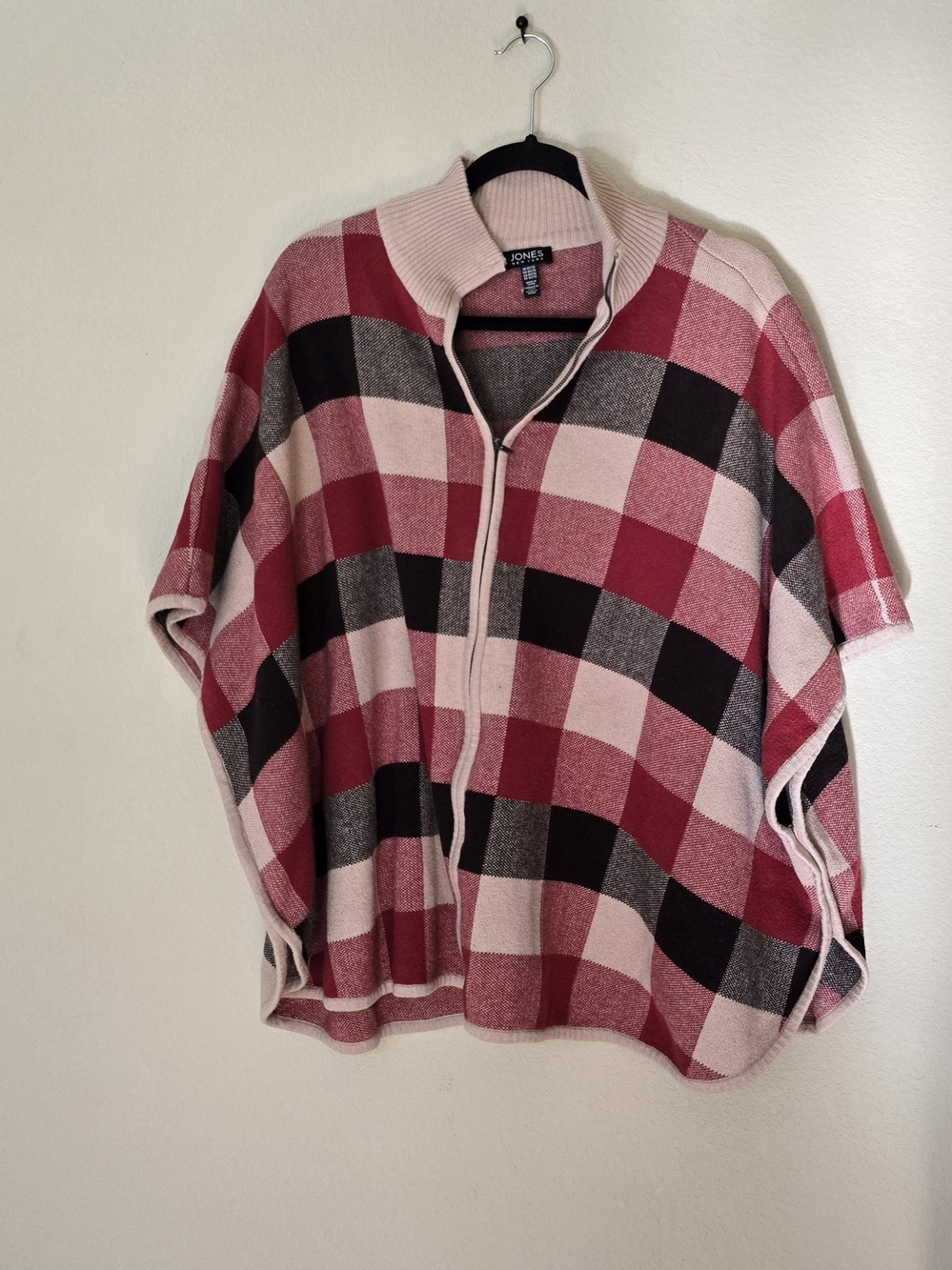 Jones New York Pink Red and Black Plaid Zip Poncho Sweater